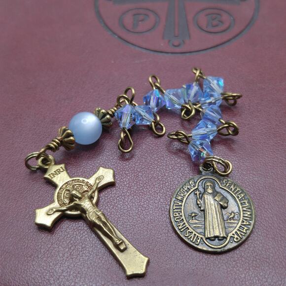 St. Benedict Blue Handmade One Decade Rosary, Blue Crystal Decade Beads - Picture 4 of 10